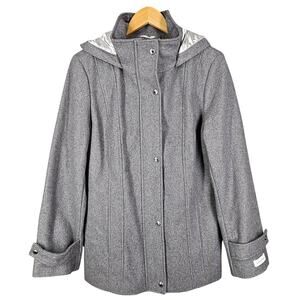 CALVIN KLEIN WOMENS GRAY WOOL BLEND PEACOAT SIZE 12 DETACHABLE HOOD